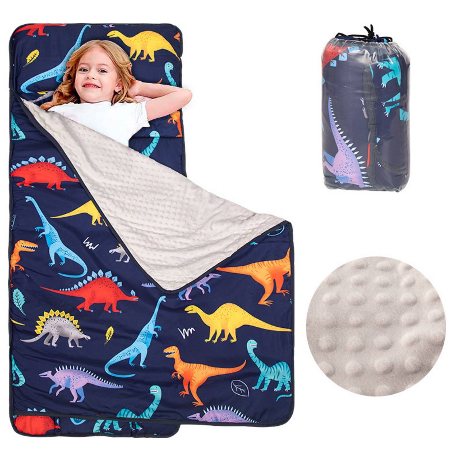 Toddler Nap Mat Warm w/ Removable Pillow and Fleece Minky 5