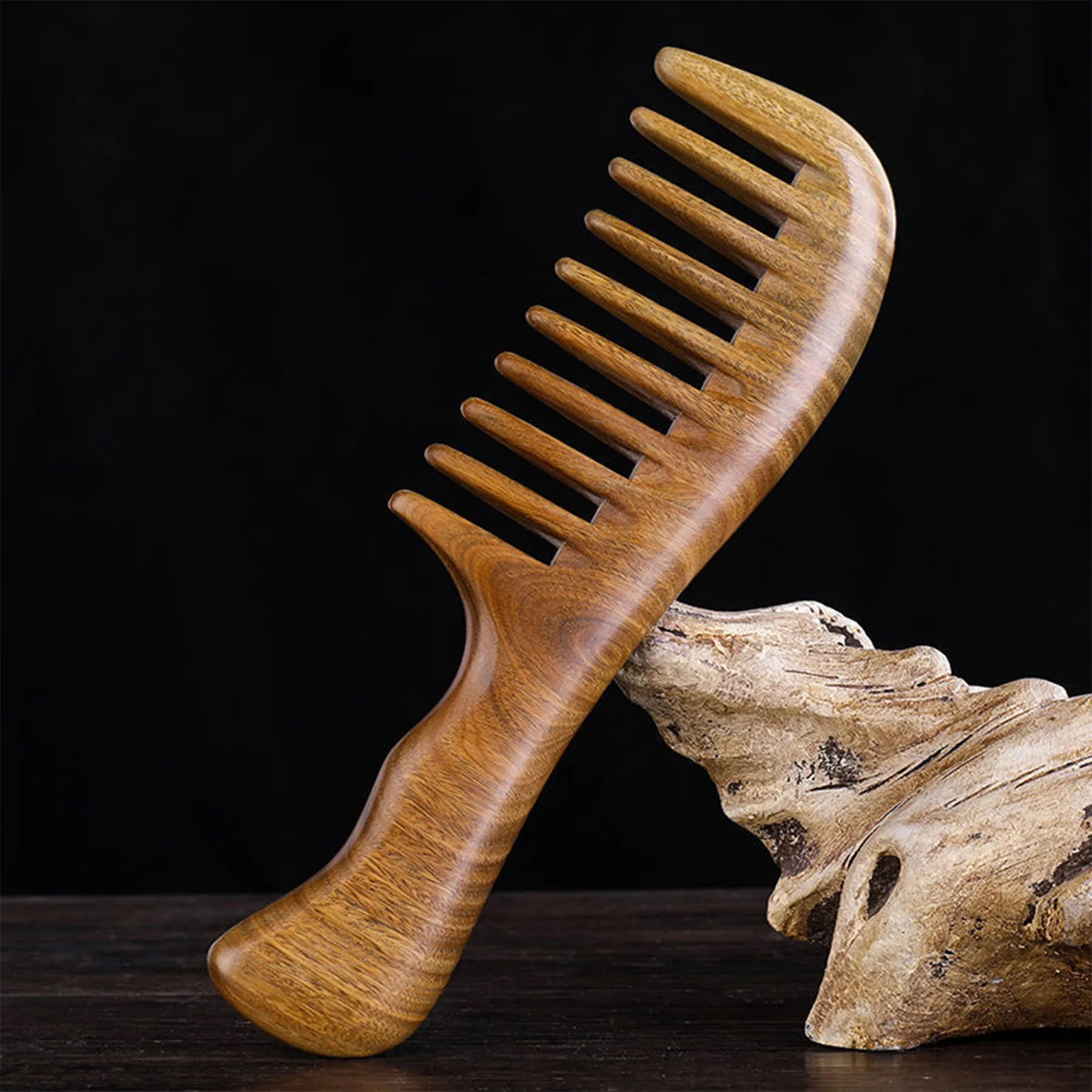 Natural Green Sandalwood Wide Tooth Hair Comb 2