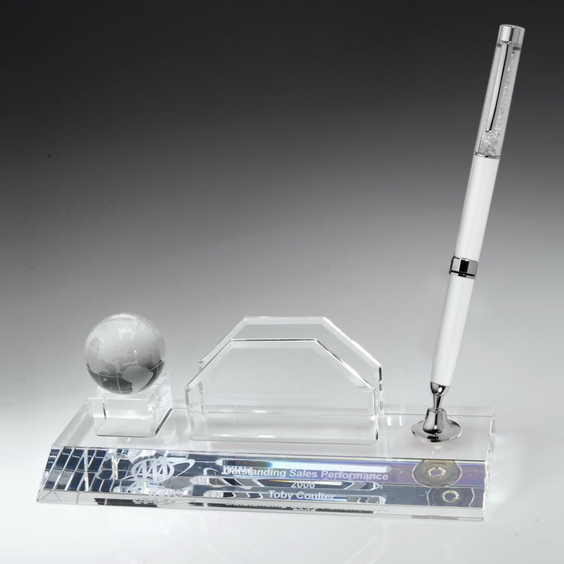 Desktop, Award-Business card holder with Globe Pen Set w/ White Ballpoint Pen_D707CA 1