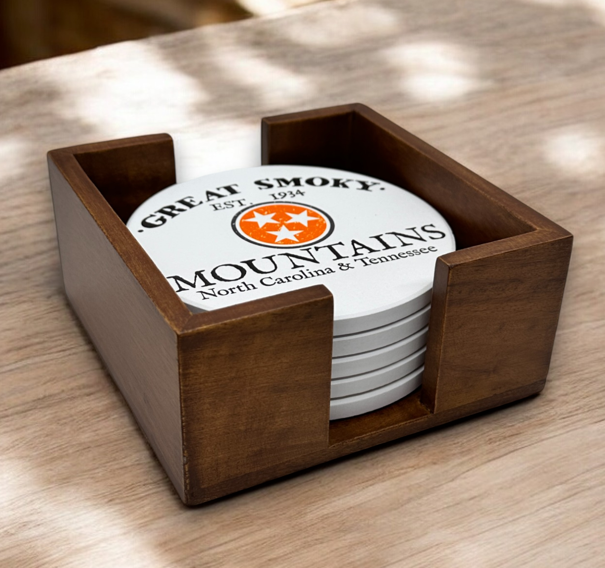 Walnut Finish Wooden 5 Coaster Holder Sets 1