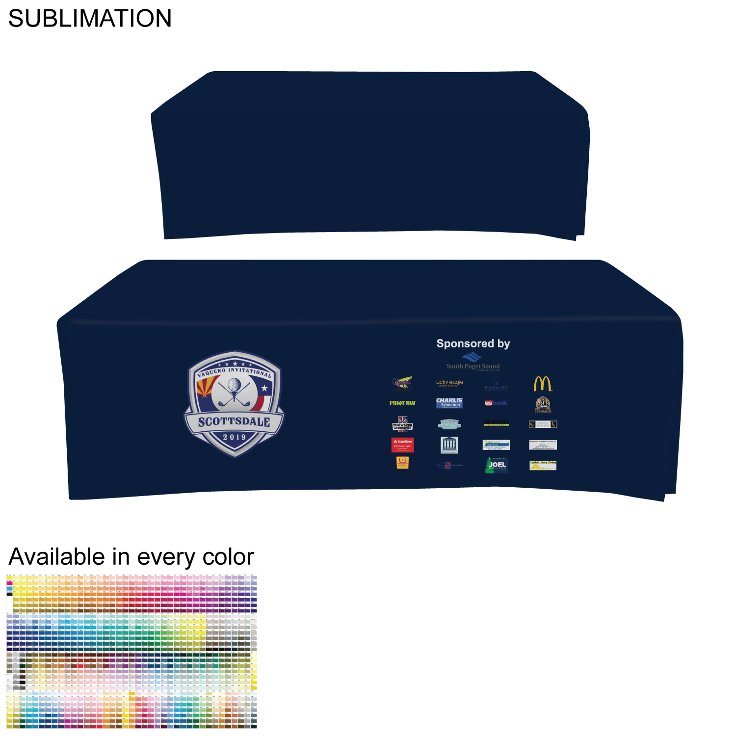 Outdoor Use Sublimated Box style Fitted tablecloth for a 8' Table, Closed back 3