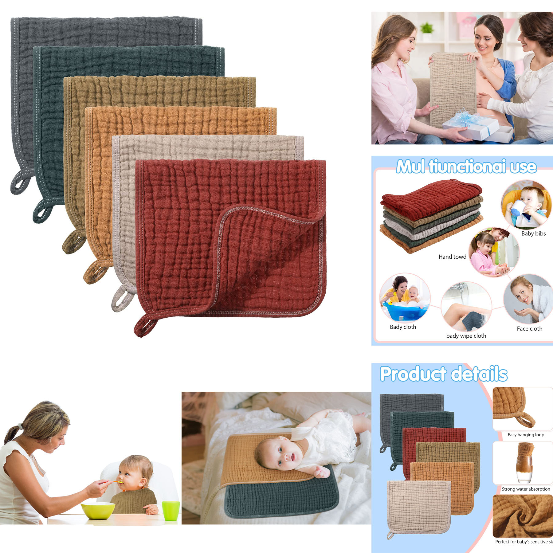 6 Pieces Large 20 x 10 Inch Muslin Burp Cloths 2