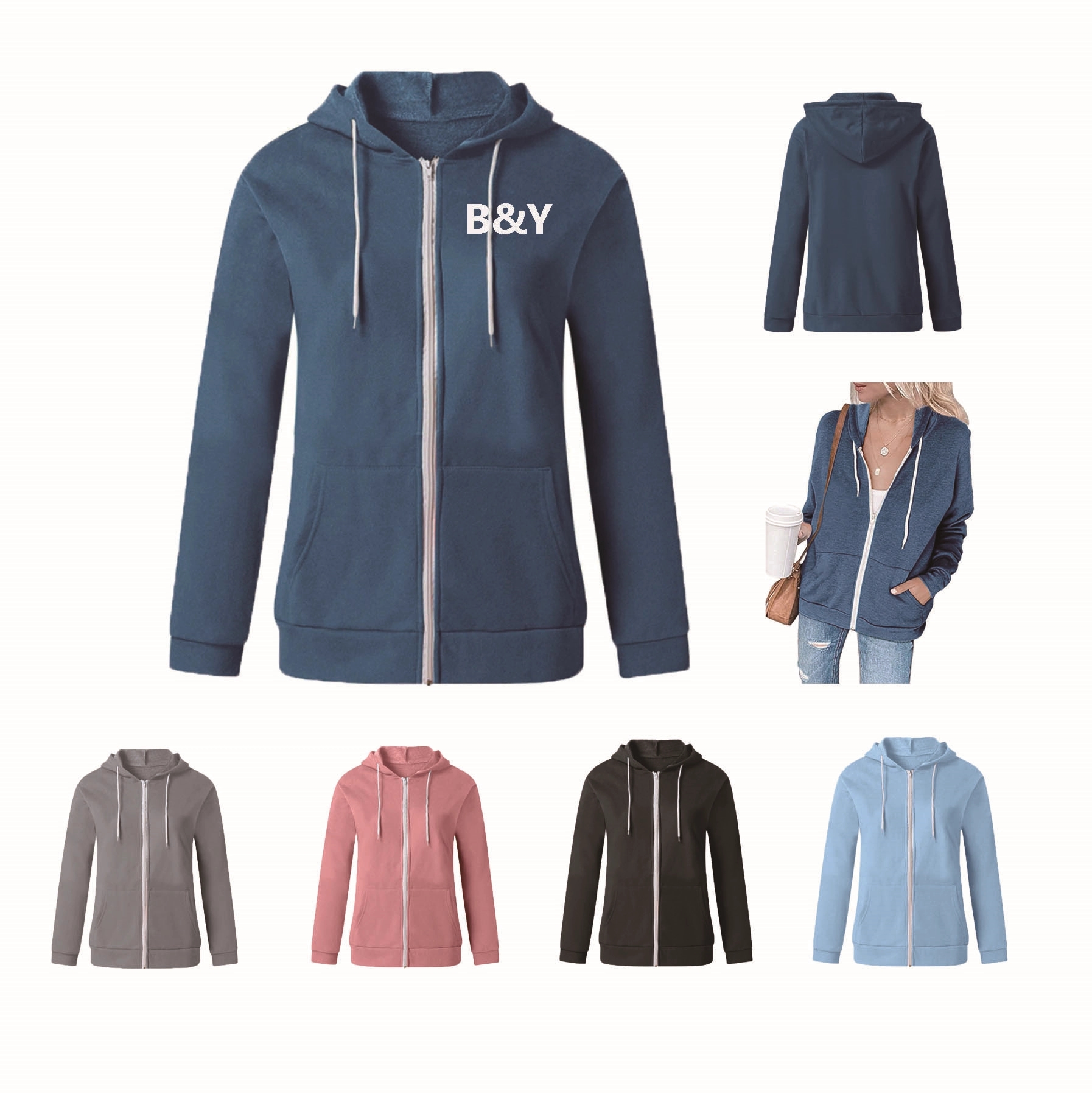 Women'S Color Block Zip Up Hoodie Sweatshirt/Long Sleeve 2