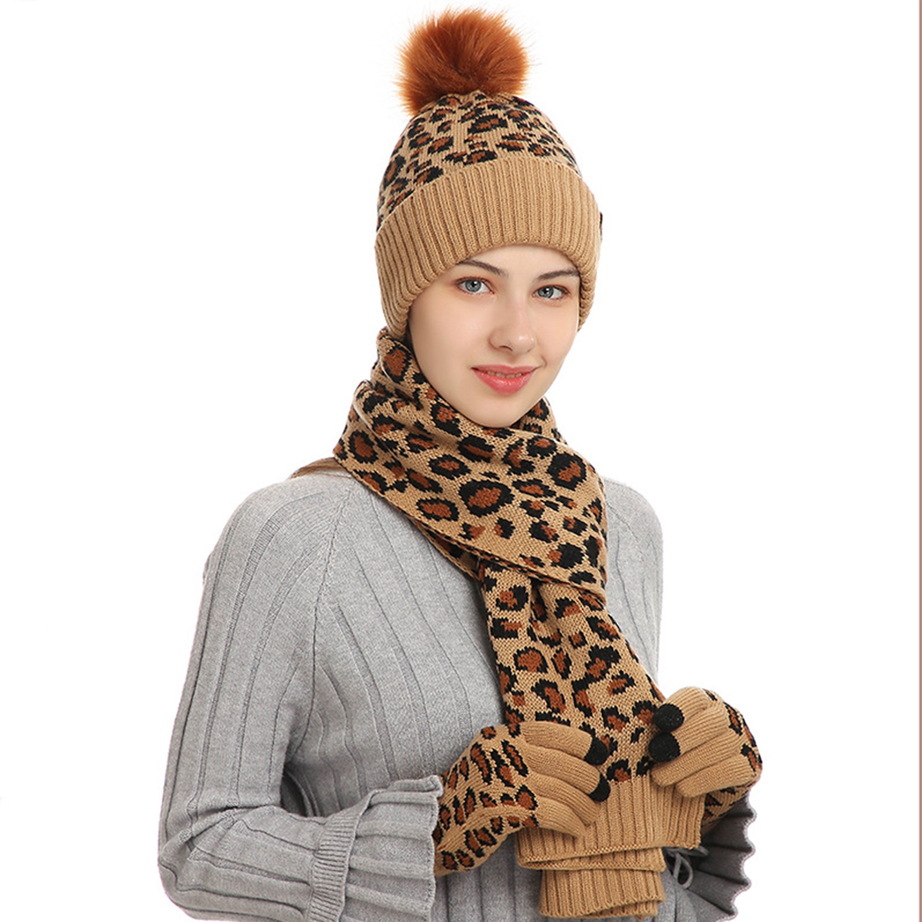 3 Piece Leopard Pom-pom Beanie Gloves Set 3