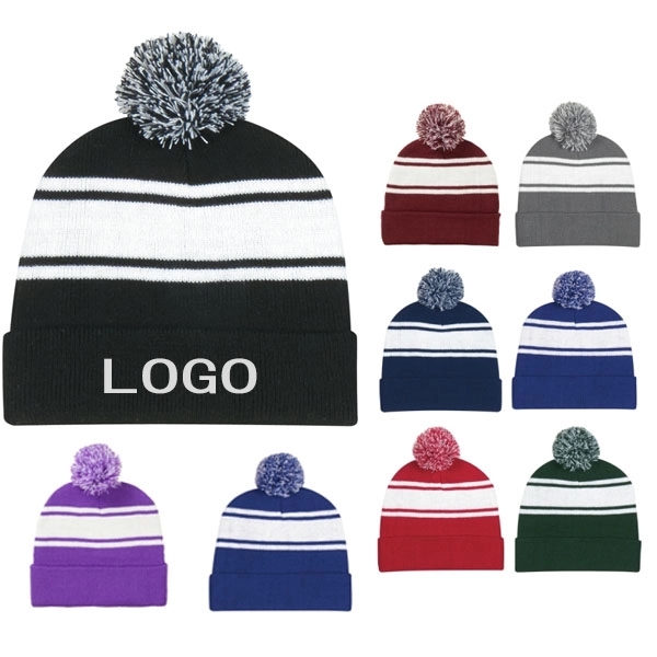 Two-Tone Knit Pom Beanie With Cuff 8
