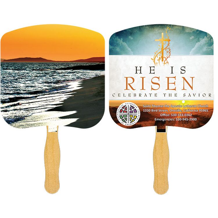 Religious Hand Fan/ Shoreline at Sunset with Four Color Process Imprint