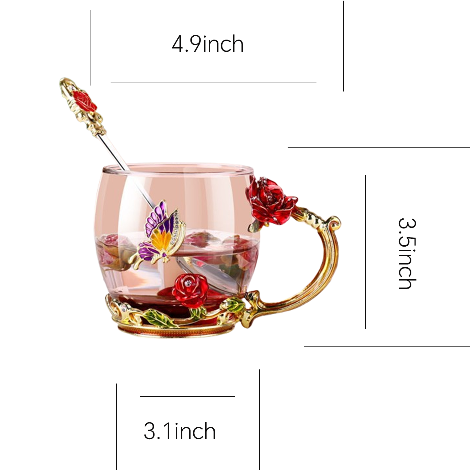 10/11oz Enamel Rose Butterfly Glass Mug Tea Cup w/ Spoon 10