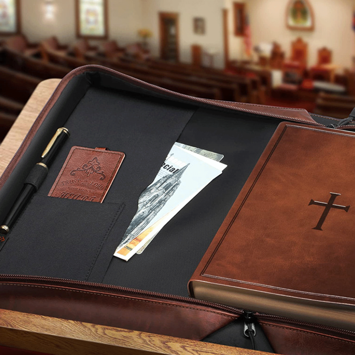 PU Leather Book Cover Carrying Case Bible Bag w/ Handle 11