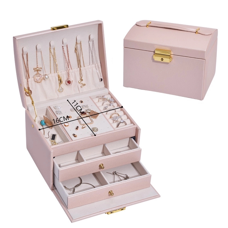 Custom 3-Layer PU Jewelry Organizer Box with Drawer & Handle 11