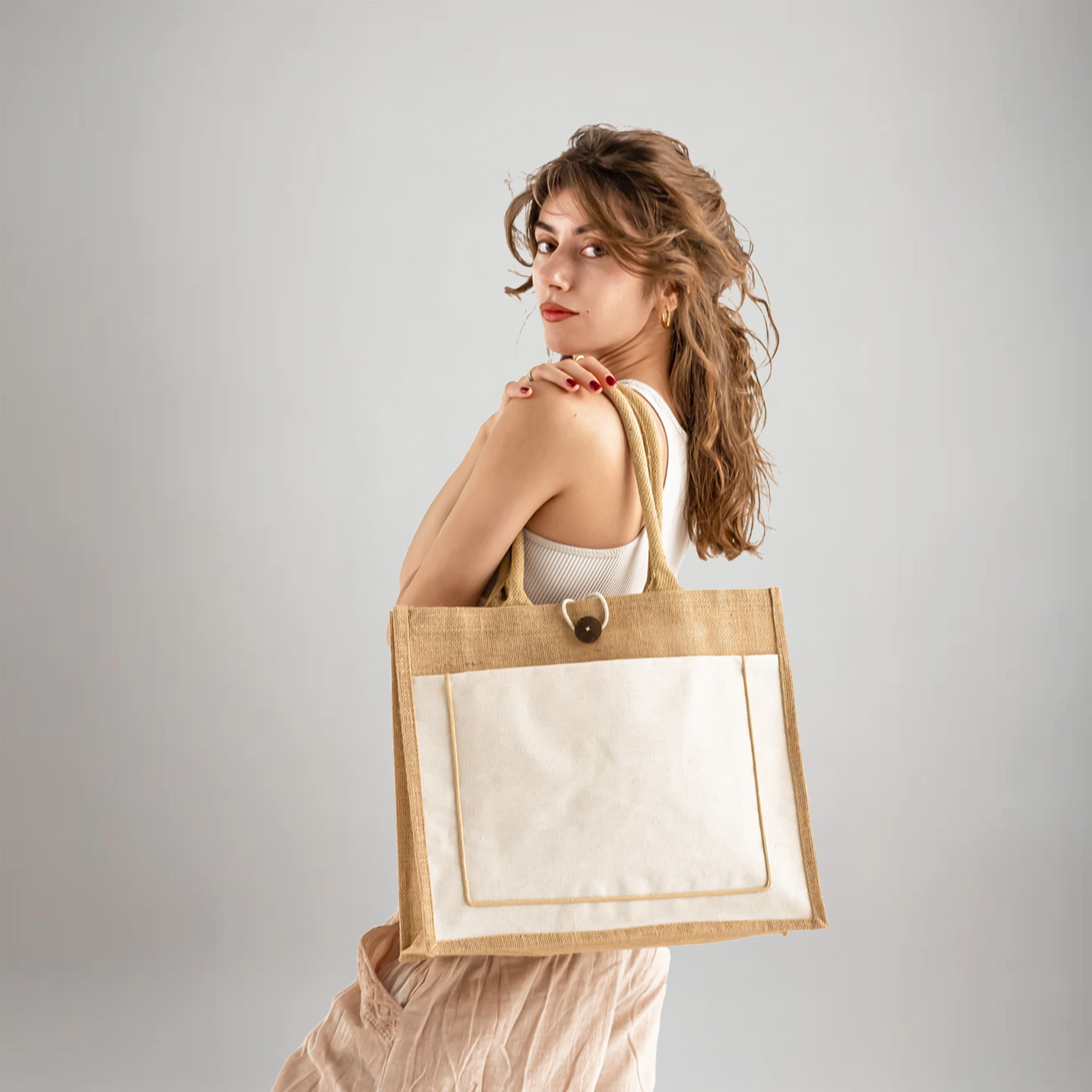 Button-Closure Jute Tote Bag 2