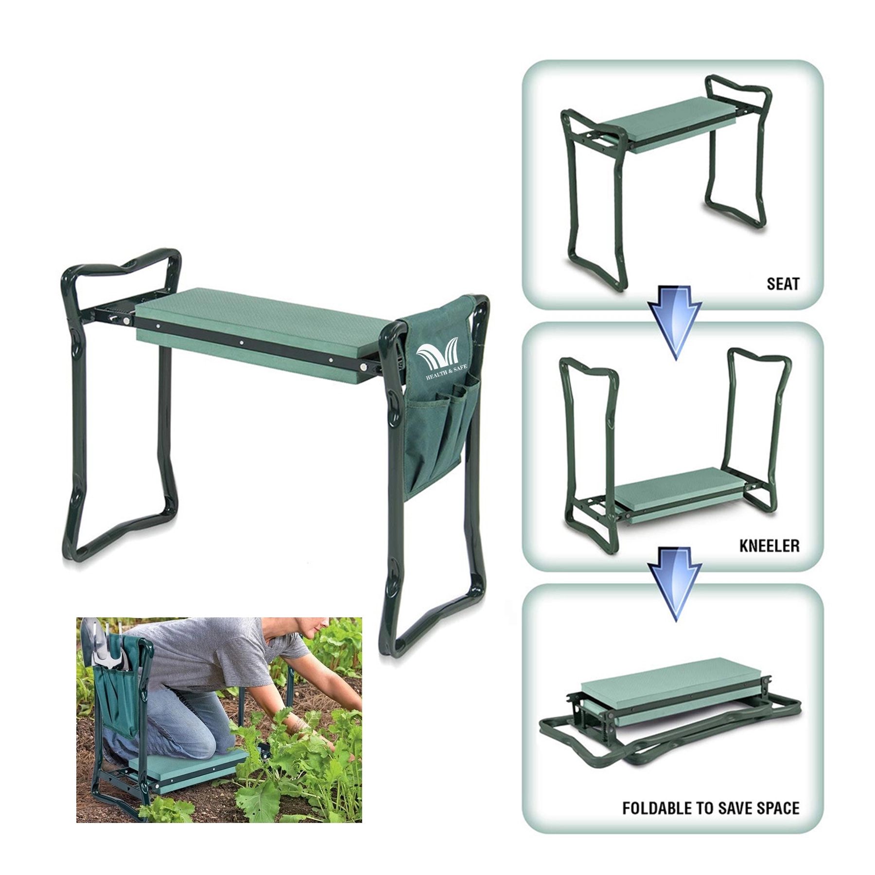 Garden Kneeler Seat Foldable Stool With Tool Bag 2