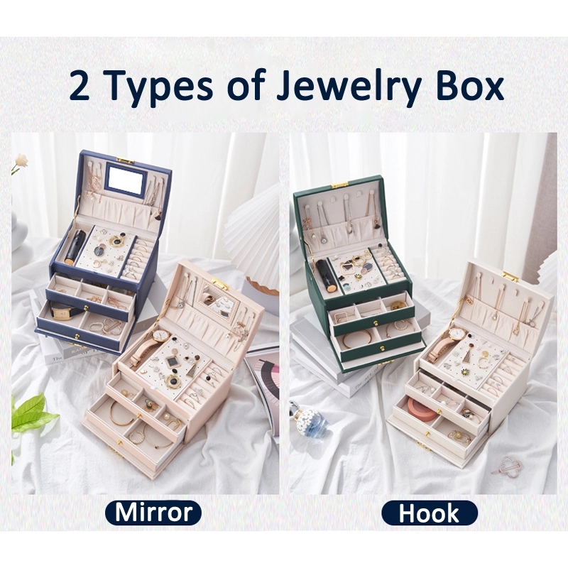 Custom 3-Layer PU Jewelry Organizer Box with Mirror / Hook 11