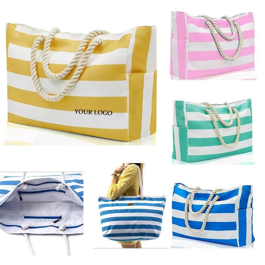 Canvas Striped Beach Tote Bag, custom tote bag with logo imprint 2