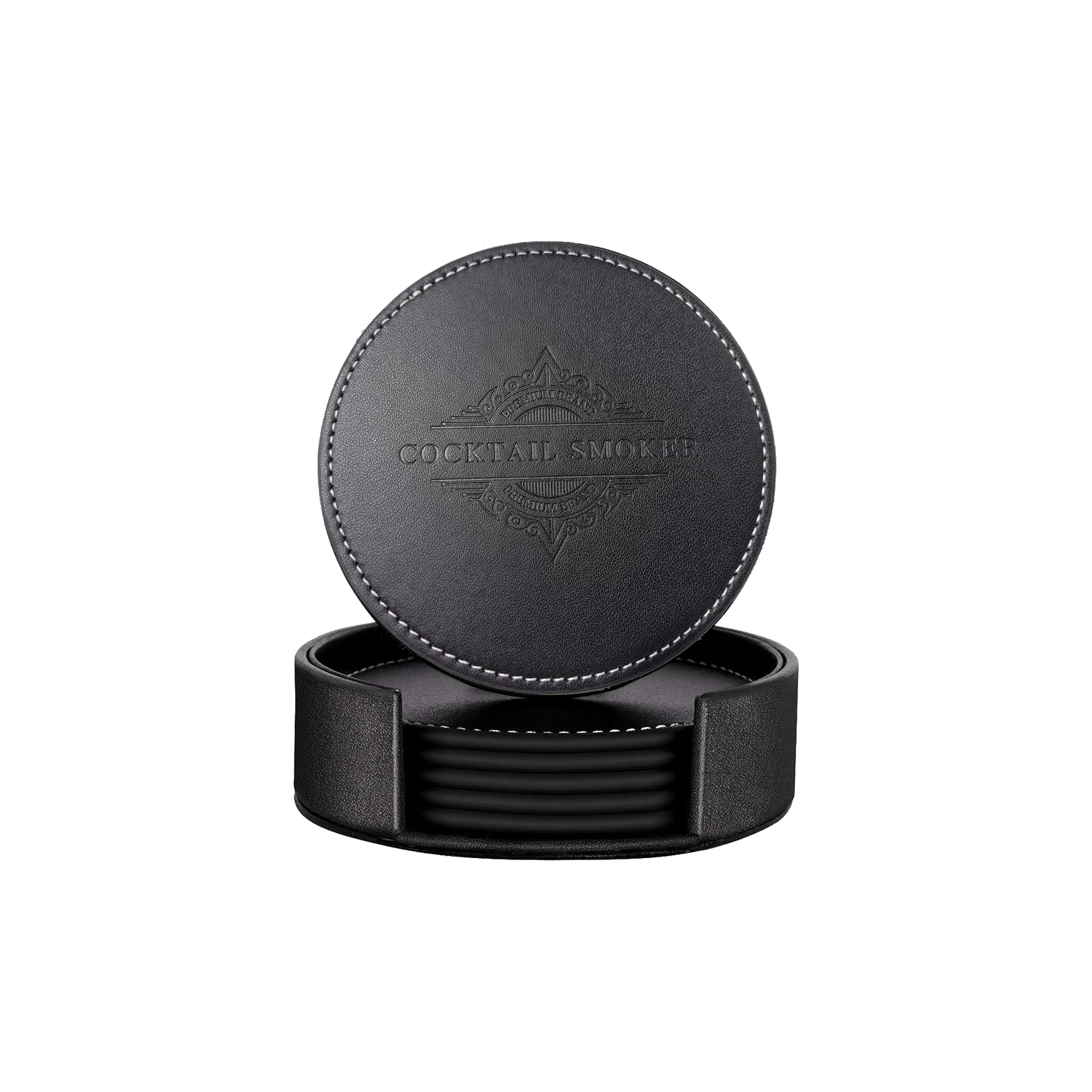 Round Leather Coaster Set 6pcs with Holder 3