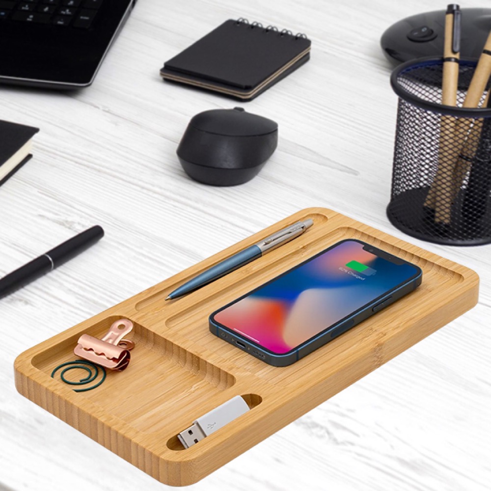 Bamboo Desk Organizer Wireless Charger 4