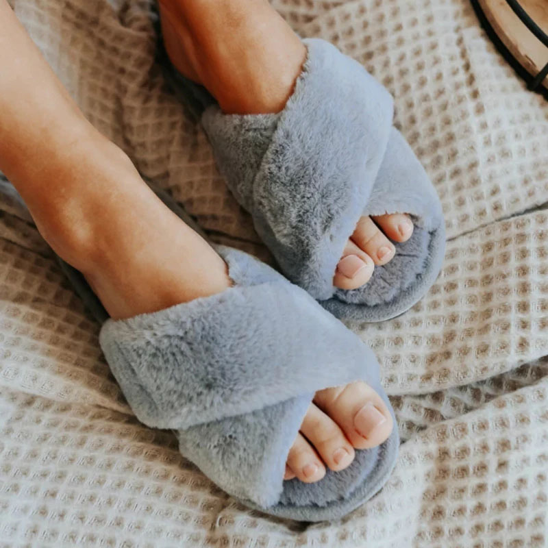 Women's Cross Band Slippers Soft Plush Furry Cozy Open Toe House Shoes 8