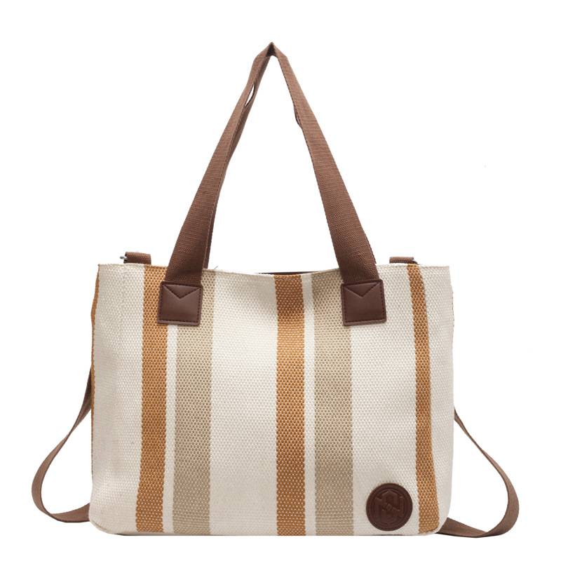 Striped Canvas Tote Bag W/ Large Capacity 4