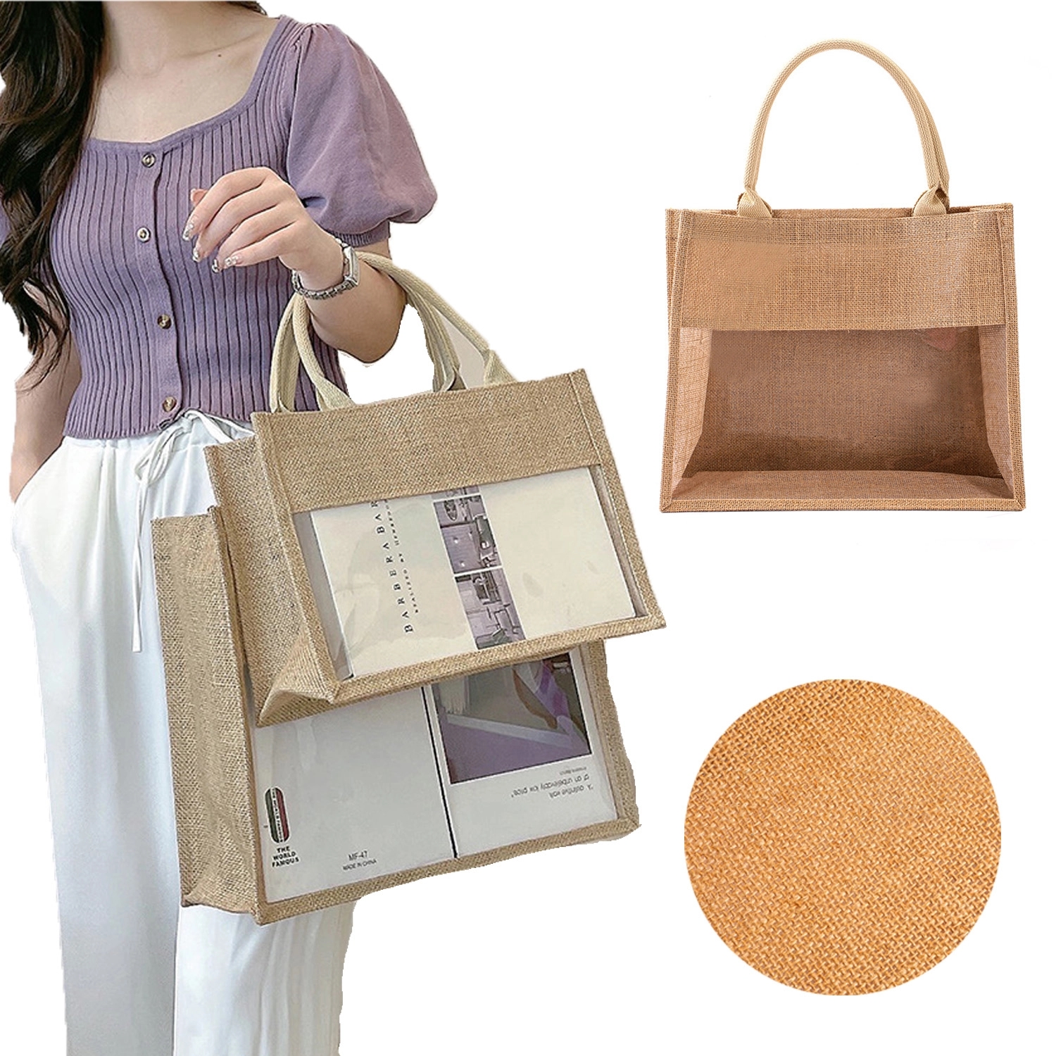 Jute Tote Bag With Transparent Window, custom tote bag with logo imprint 3