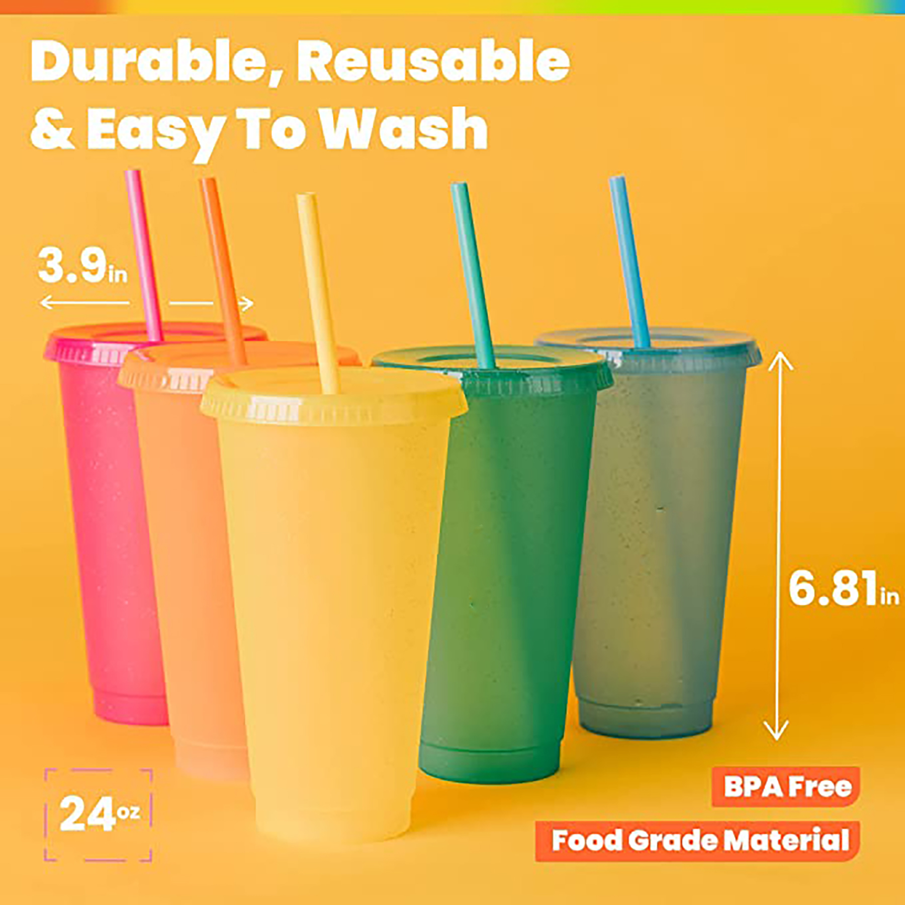 24 OZ Glitter Reusable Color Changing Cups w/ Lids & Straws in Cold Water 6