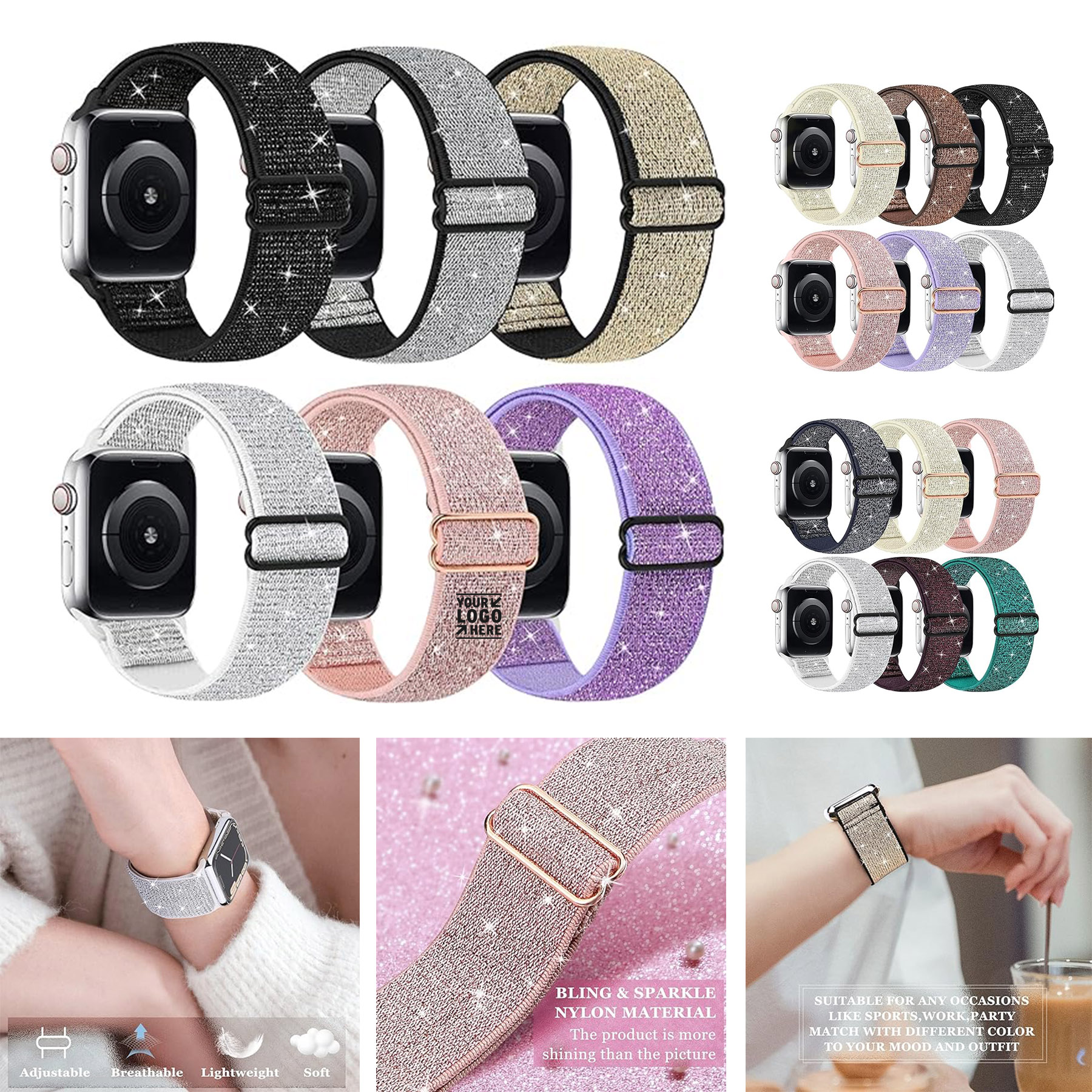 Women Girls Bling Nylon Stretchy 38mm 40mm 41mm 42mm 44mm 45mm 49mm iWatch Series Apple Watch Band 2