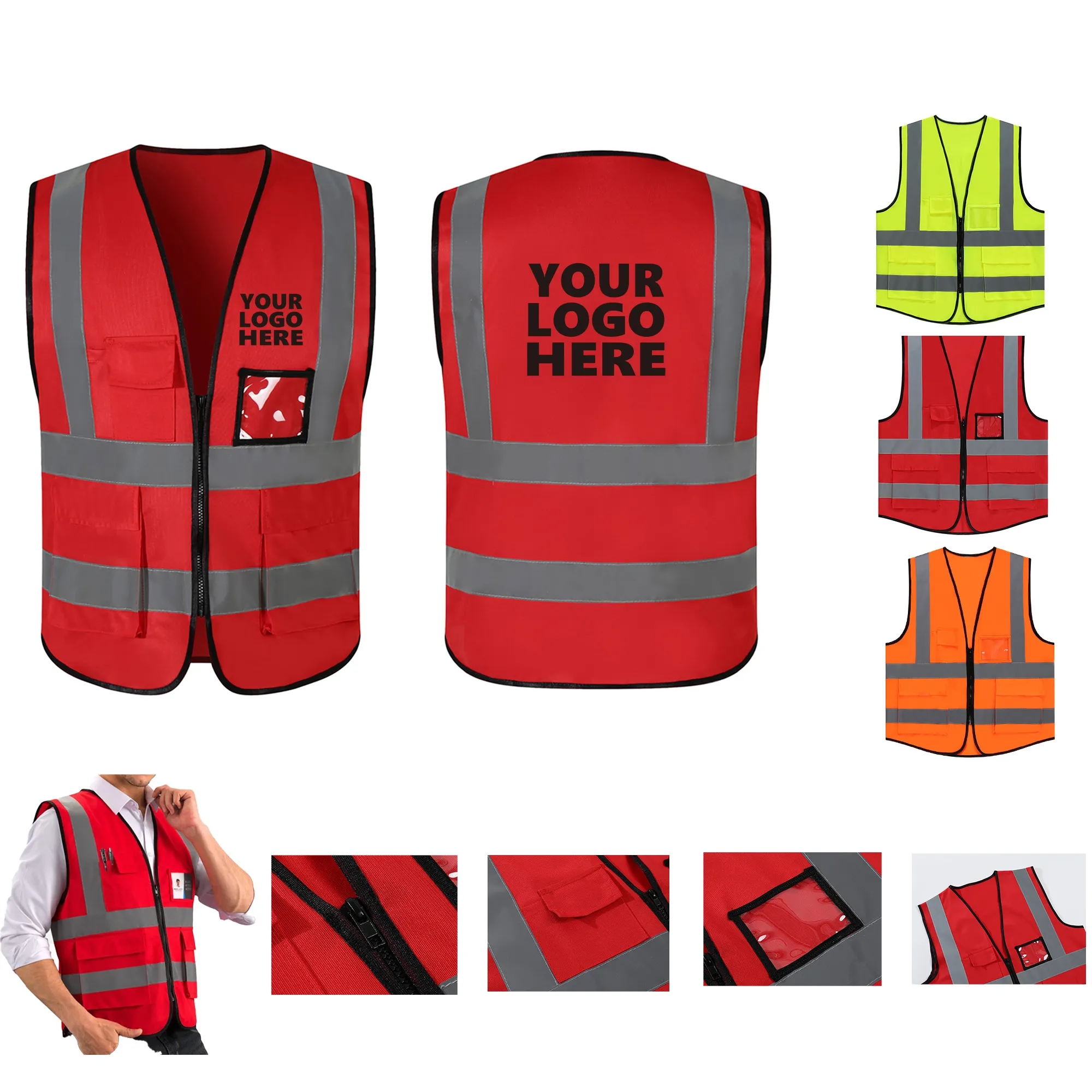 4 Pockets Hi Vis Reflective Strips Safety Vest MOQ30