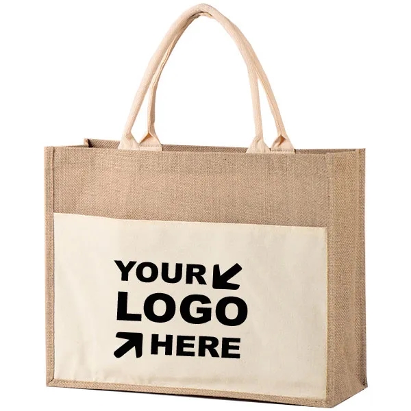 Large Jute Tote with Canvas Front Pocket, custom tote bag with logo imprint 6