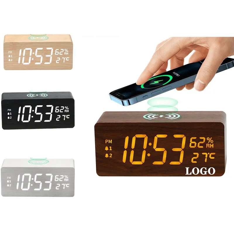Wooden Digital Alarm Clock Wireless Charging 2
