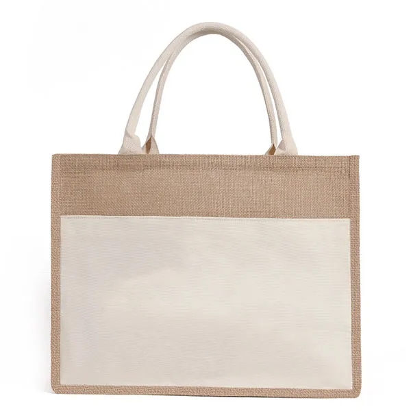 Large Jute Tote with Canvas Front Pocket, custom tote bag with logo imprint 5