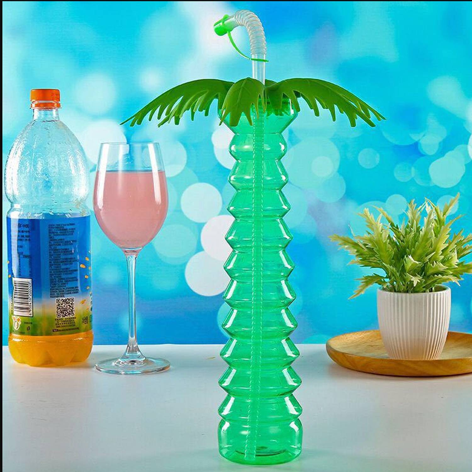 17oz Tropical Summer Coconut Tree Bottle w/ Straw 6