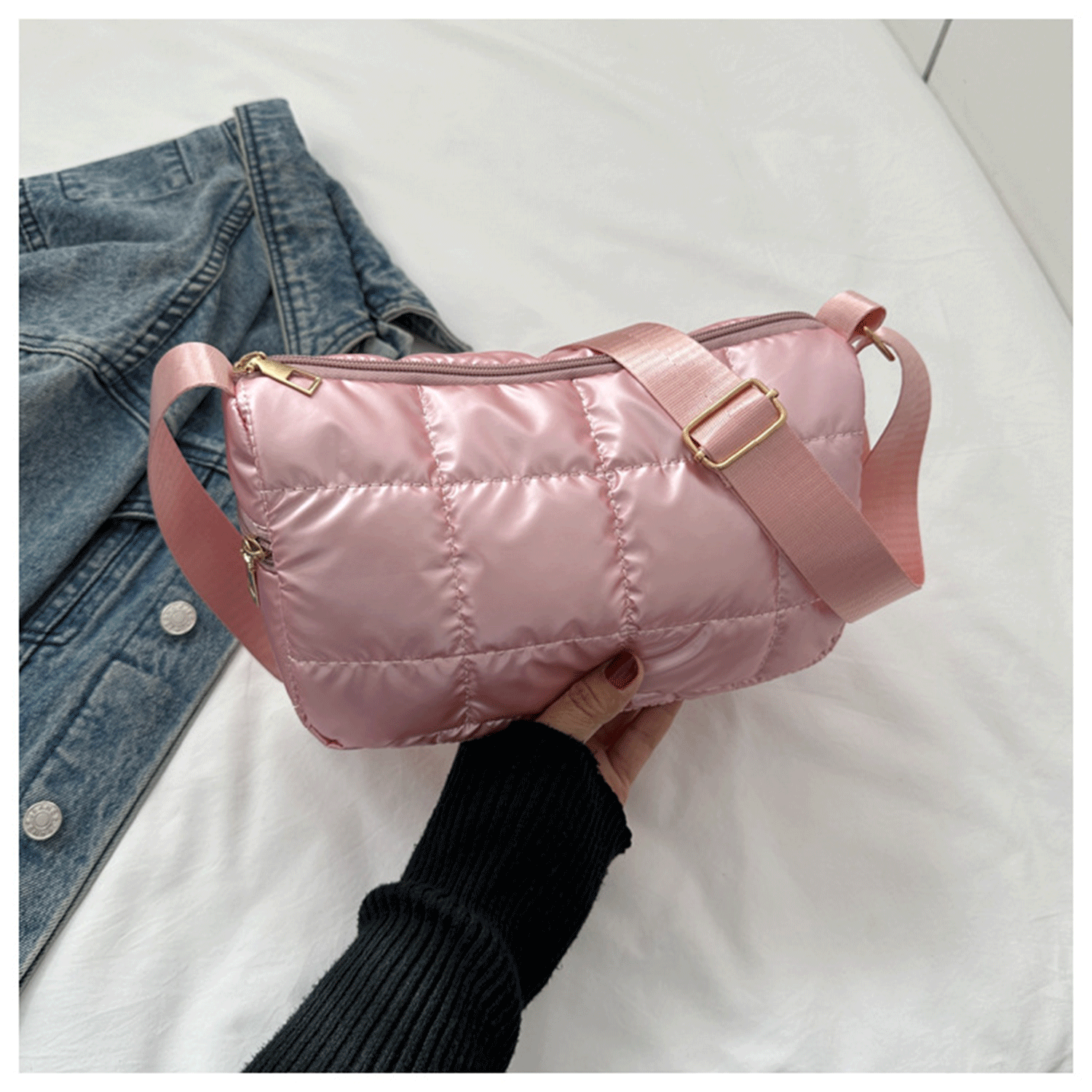 Winter New quilted Grid Small Square Puffer Crossbody Bag 4