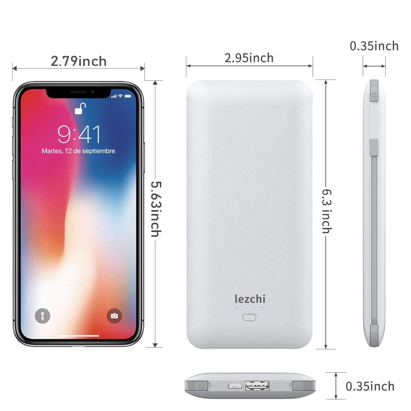 10000 mAh power bank with built-in AC wall plug with Micro, USB, Type-C charging cables 3