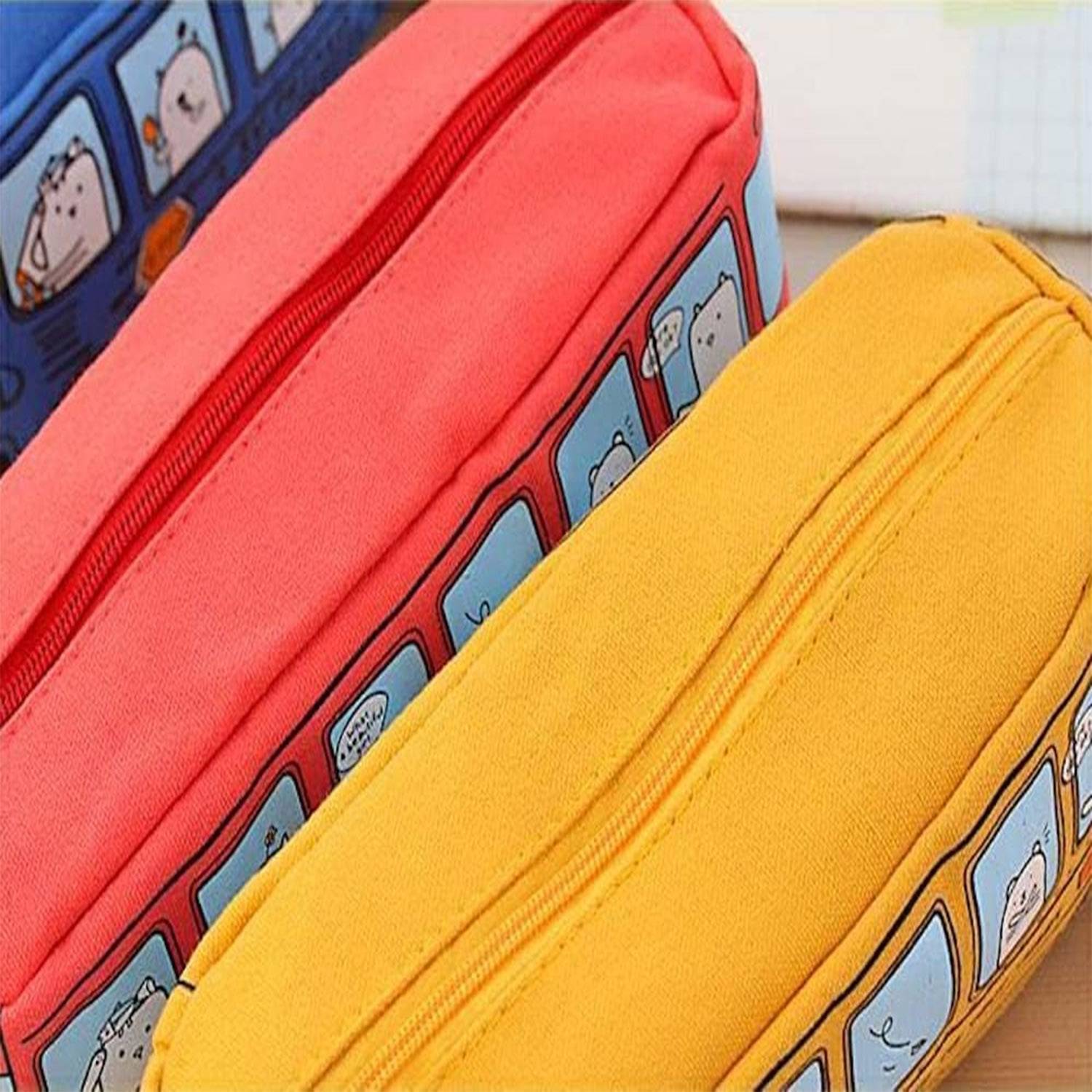 Cartoon City Bus Pencil Pouch Large Canvas Zipper Bag 6