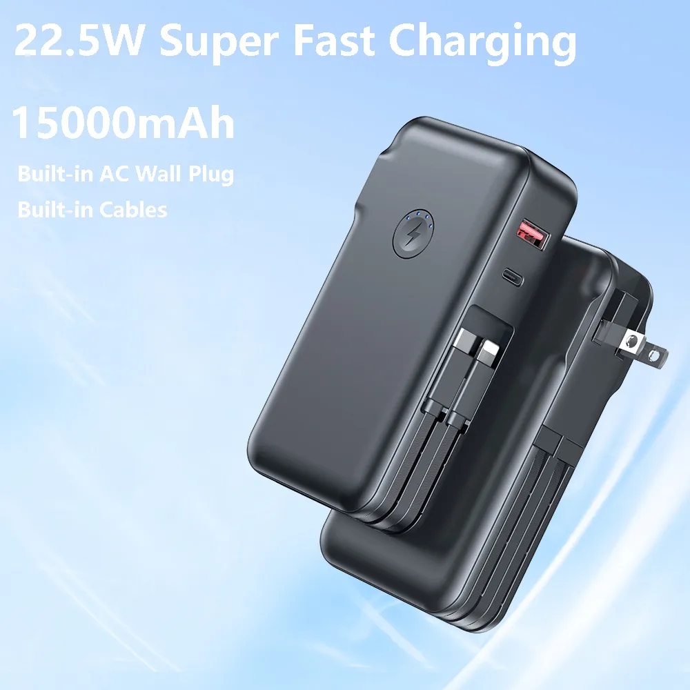 15000mAh Power Bank Built-in AC Wall Plug and Cables 1