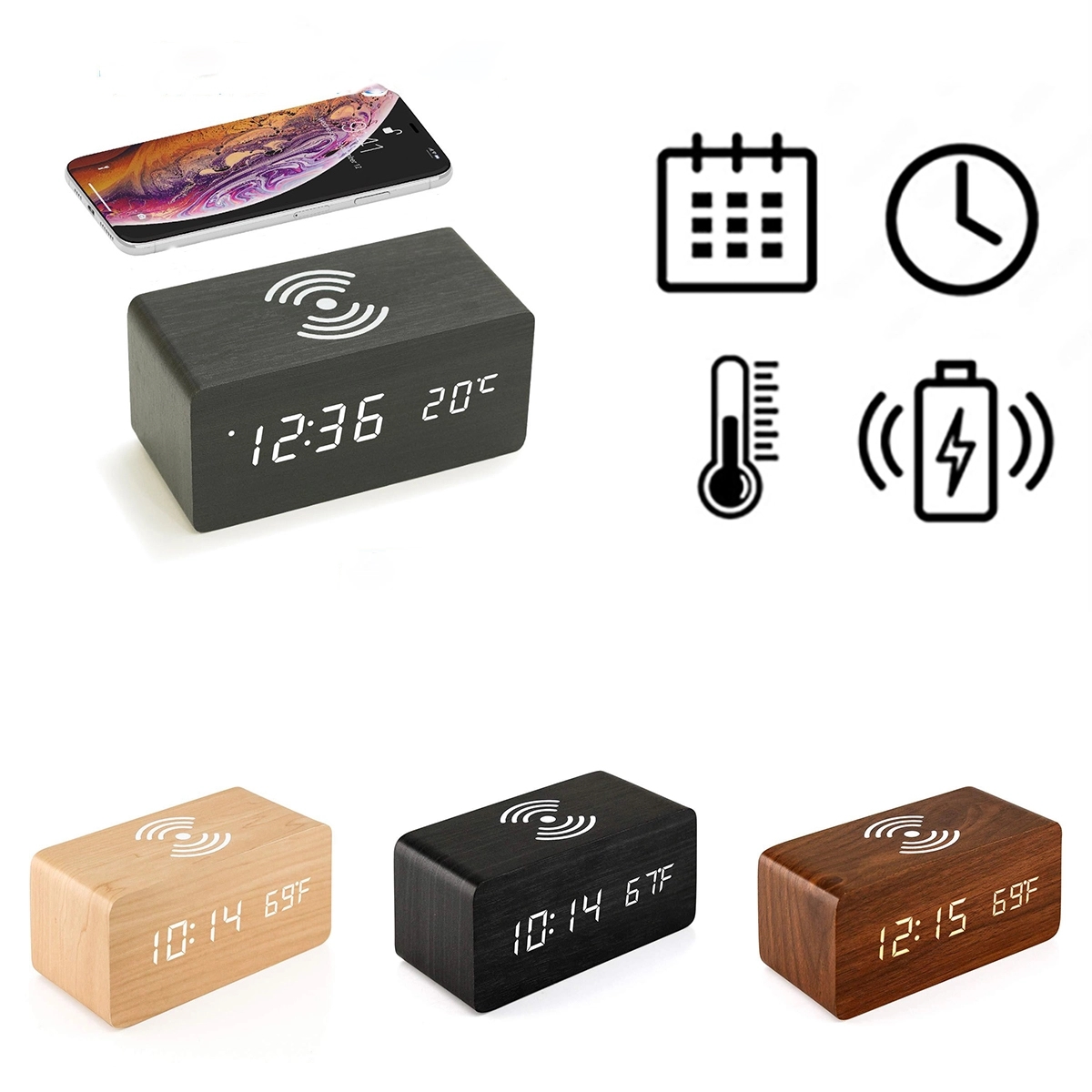 Wooden Digital Alarm Clock with Wireless Charging 3