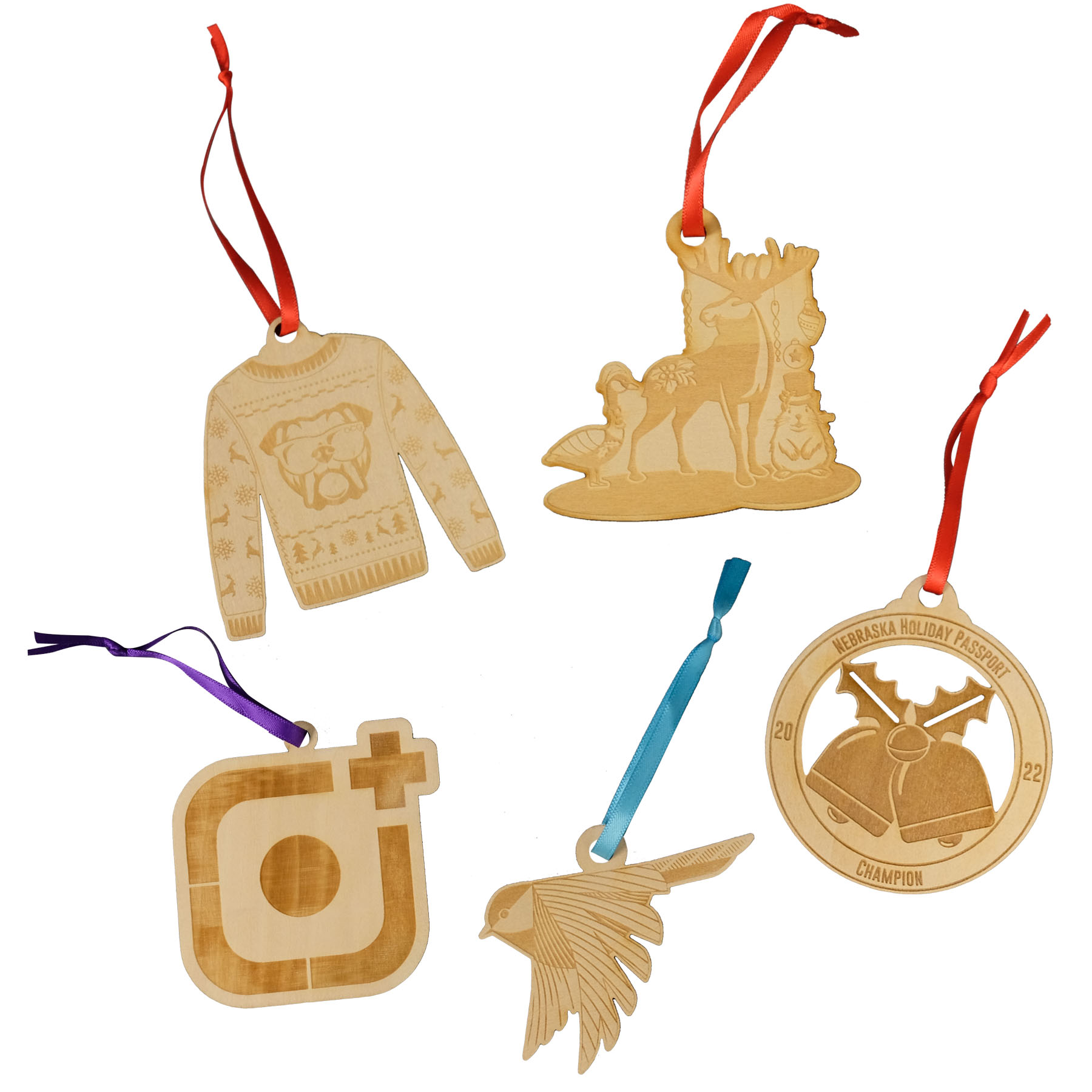 Wood Ornaments: 3" W x 3" H 6