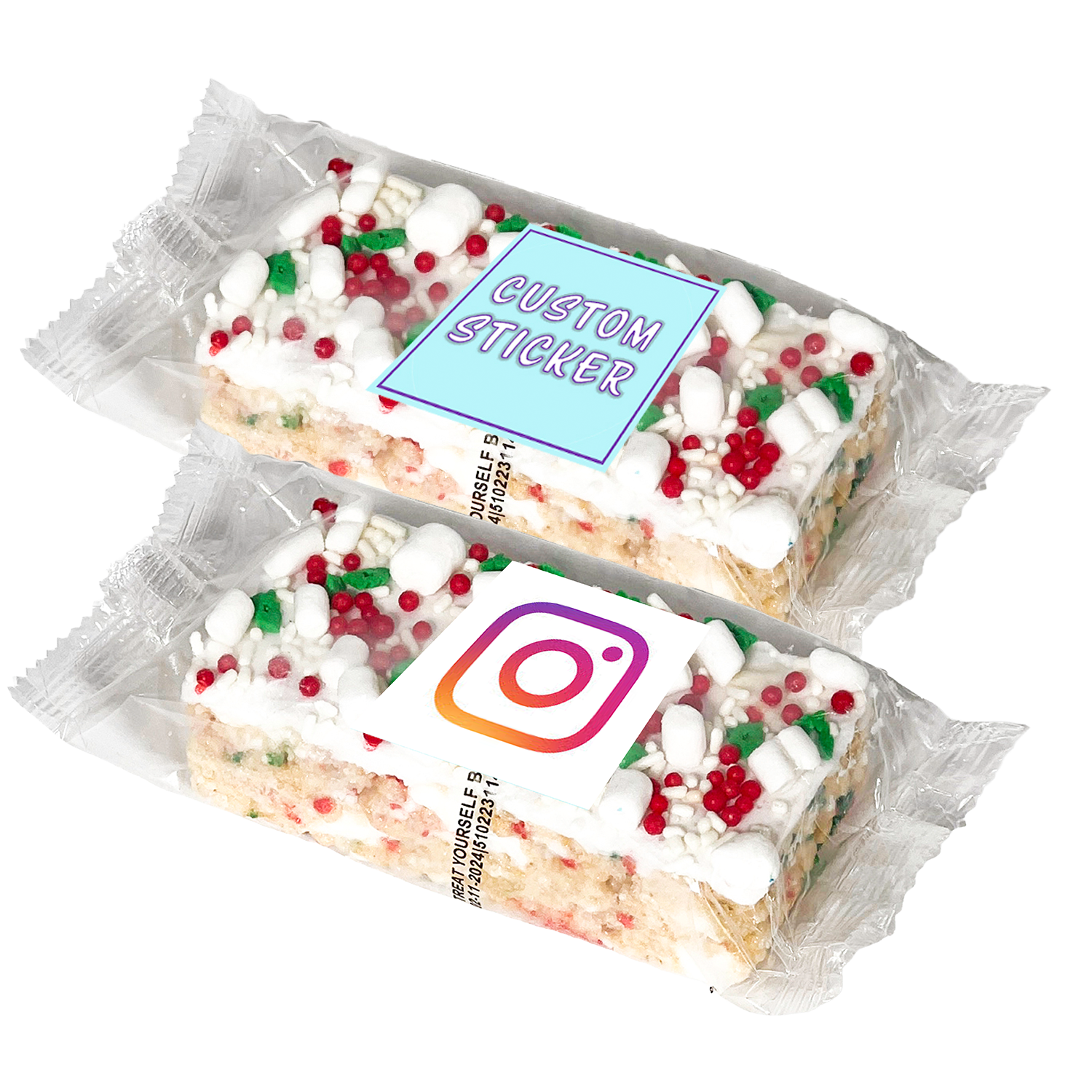2" x 4" handmade marshmallow crispy rice bar, individually wrapped with custom sticker 3