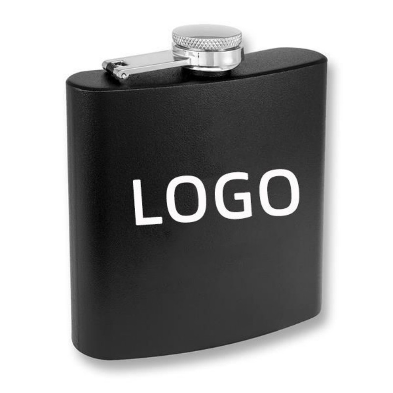6 oz Black Powder Coated Stainless Steel Flask, custom water bottle with logo imprint 2