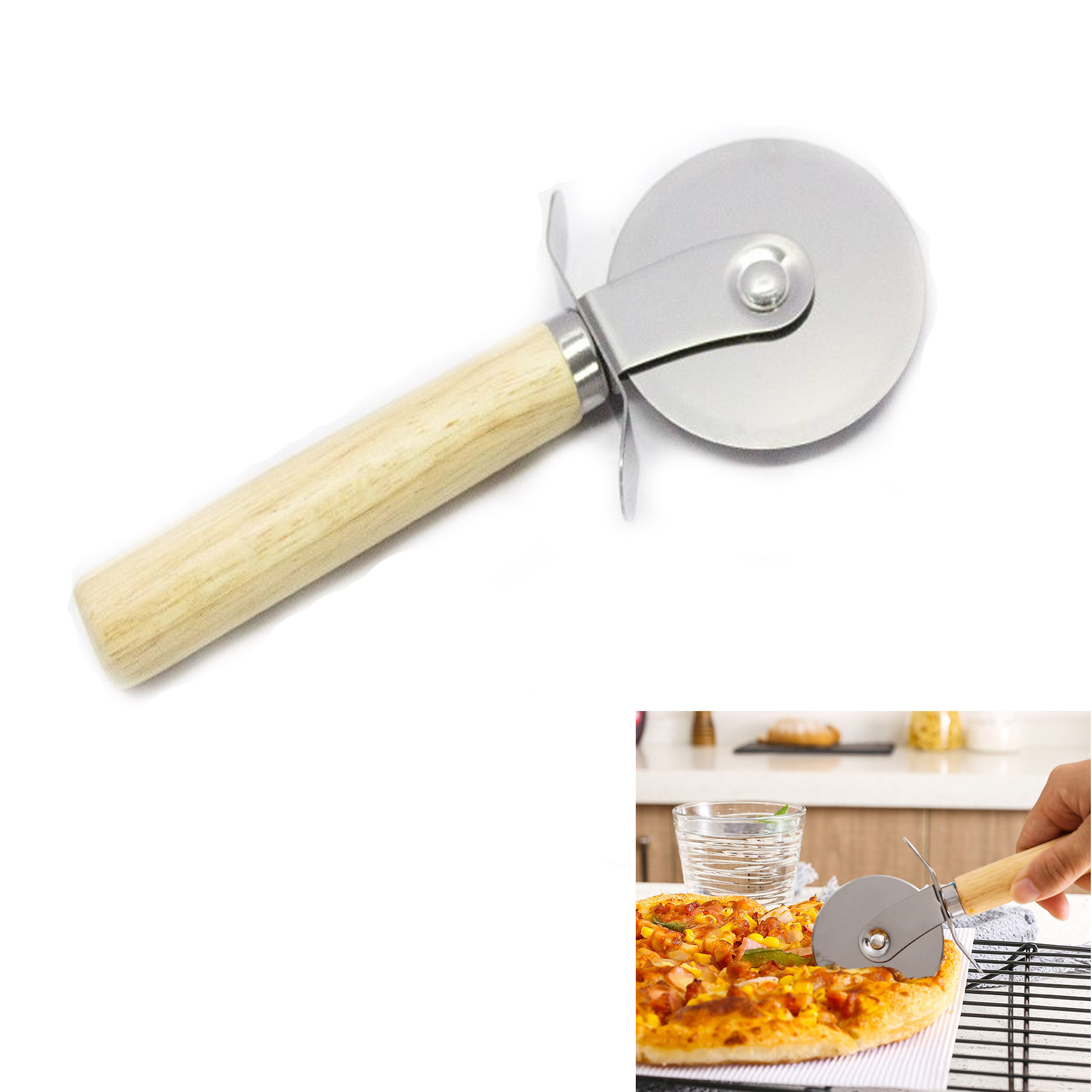 Pizza Cutter Stainless Steel Wooden Handle Pastry Dough Cut Tool Kitchen Baking Tools 2