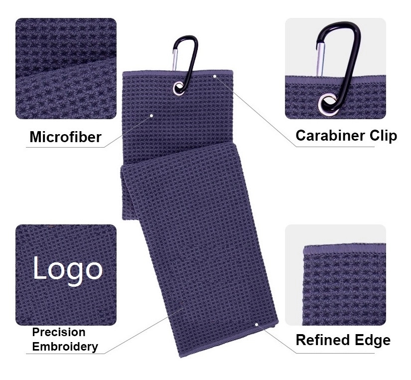 Microfiber Waffle Pattern Tri-fold Golf Towel W/Carabiner 2