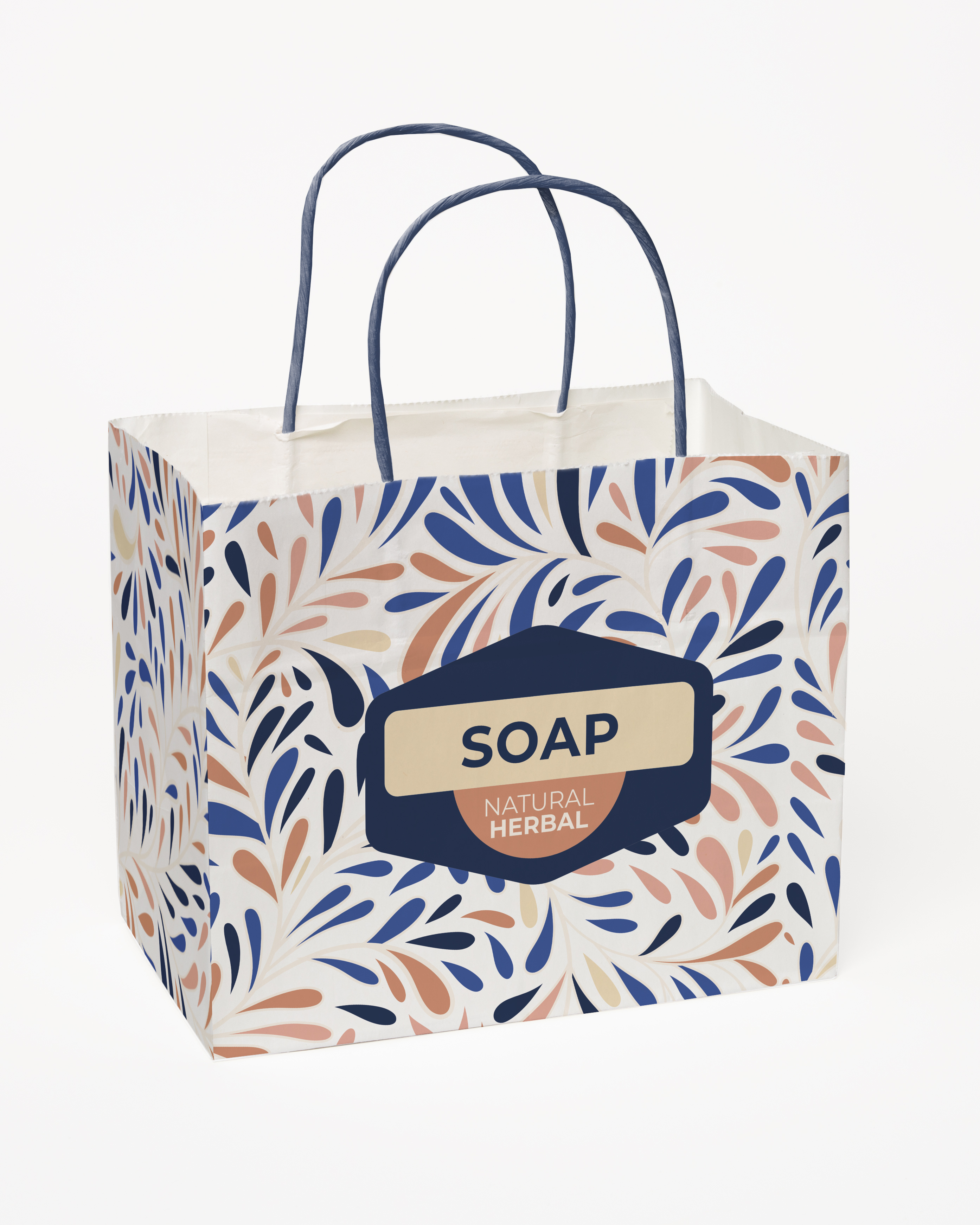 Multi-Sided Full Color White Shopper Paper Bag - Blue Handle (8.5"x 7.25"x 5")