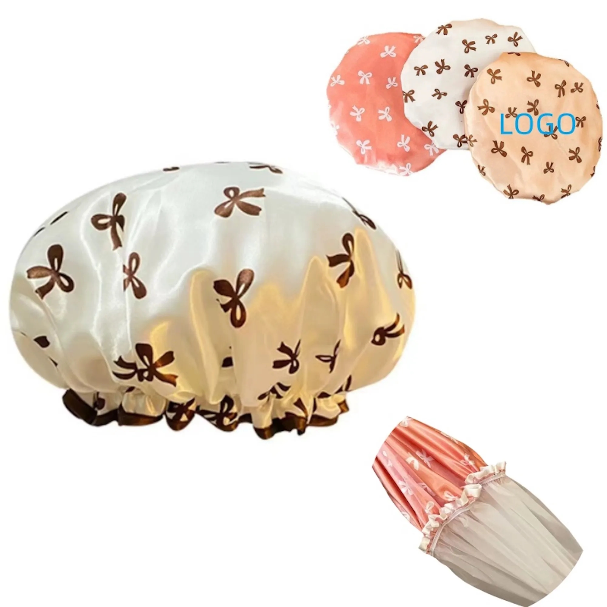 Double-layer Shower Cap Waterproof Bow Pattern