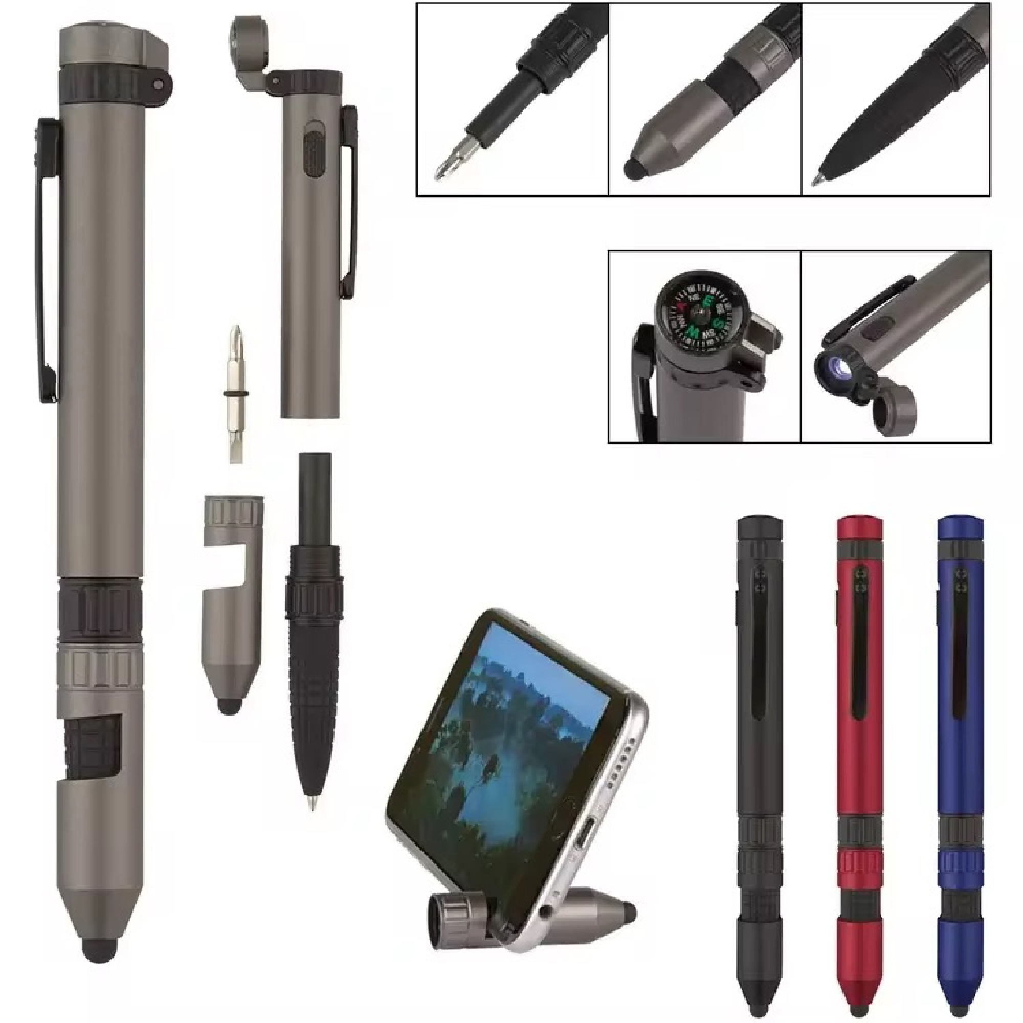 6 in 1 Multifunction Tool Ballpoint Pen with Outdoor Compass Screwdriver Torch Stylus Mobile Phone 6