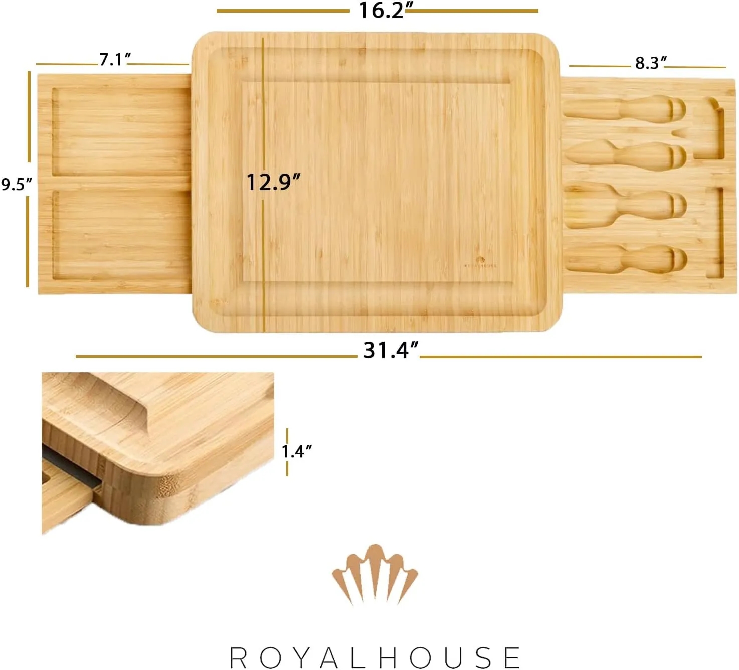 Unique Bamboo Cheese Board and Knife Set with 2 Slide-Out Cutlery Drawers 9