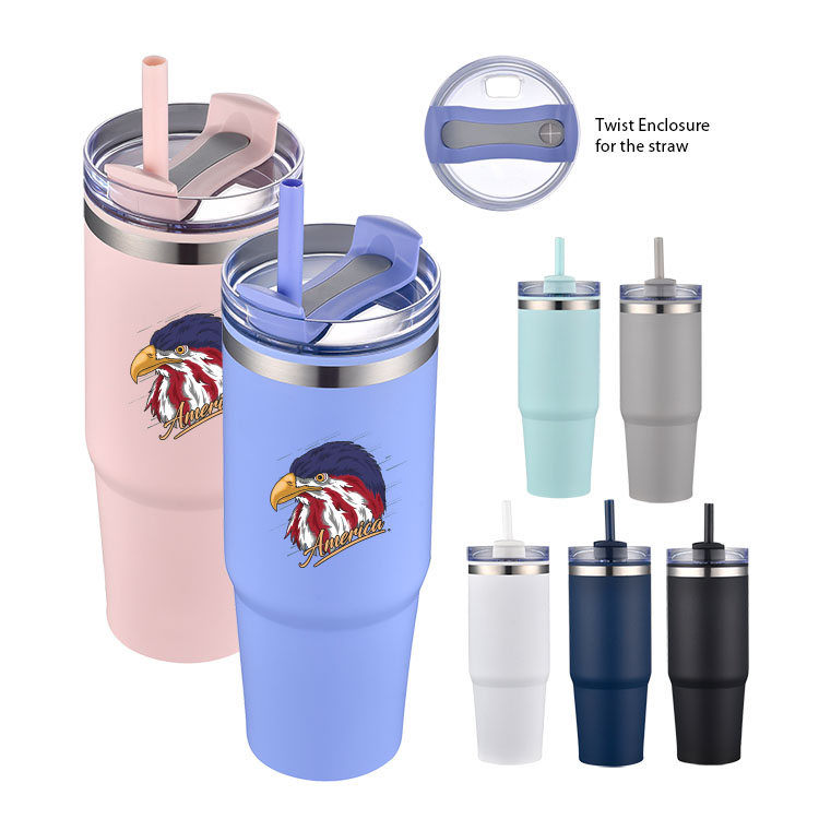 30 oz. PP Inner Double Wall Insulated Travel Mug w/Straw & Twist Closure Lid 10