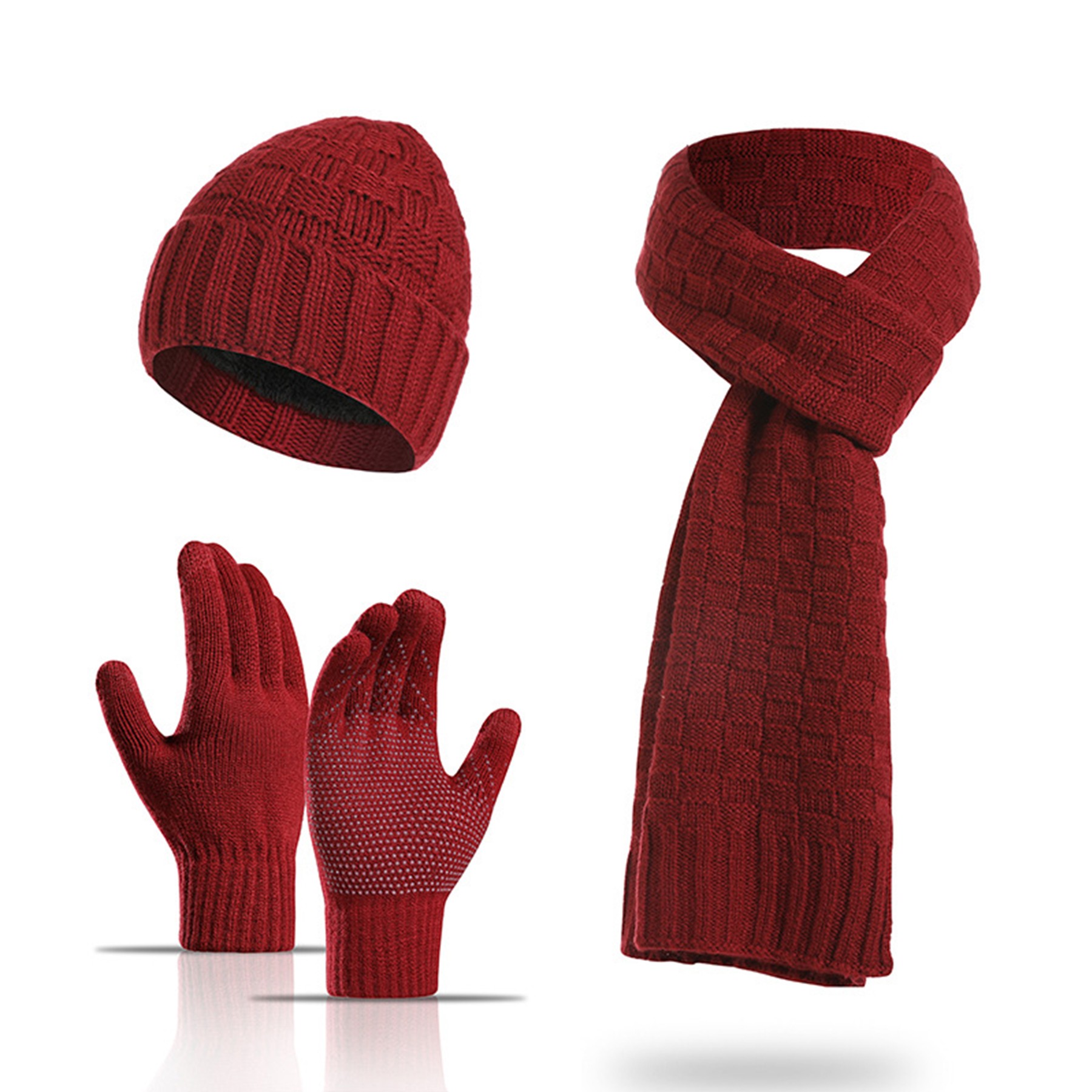 Cashmere Plaid Beanie Hat Scarf Touchscreen Gloves Set 3
