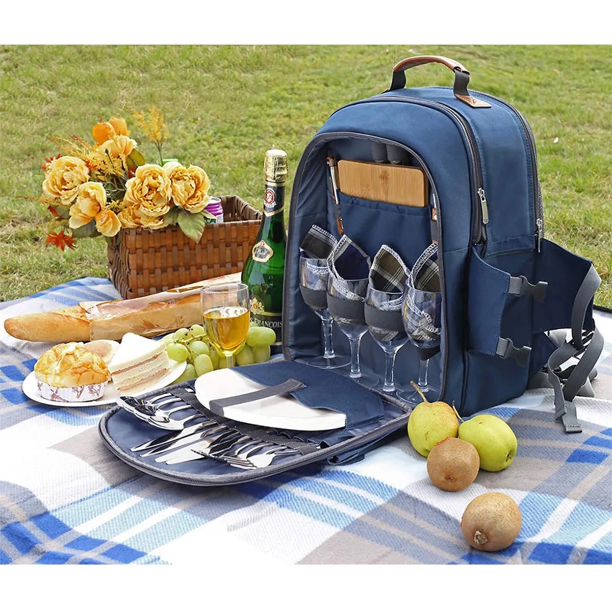 Picnic Backpack with Cooler Bag, Wine Pouch, Blanket 3