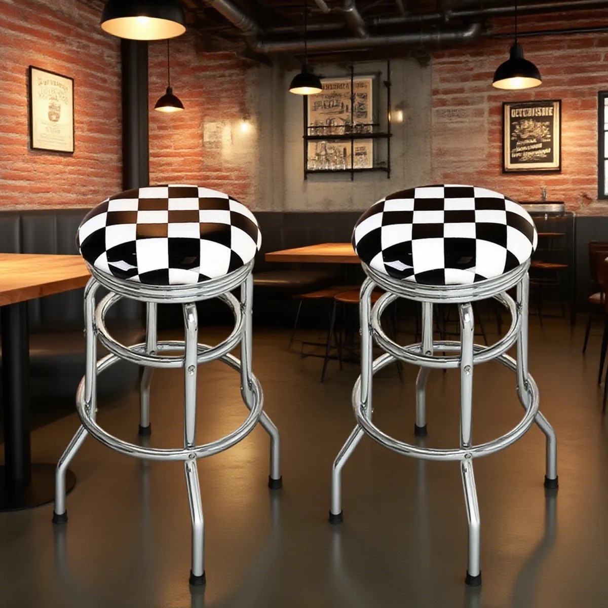 Checkerboard Padded Swivel Bar Stool Single Ring Chrome Base 3