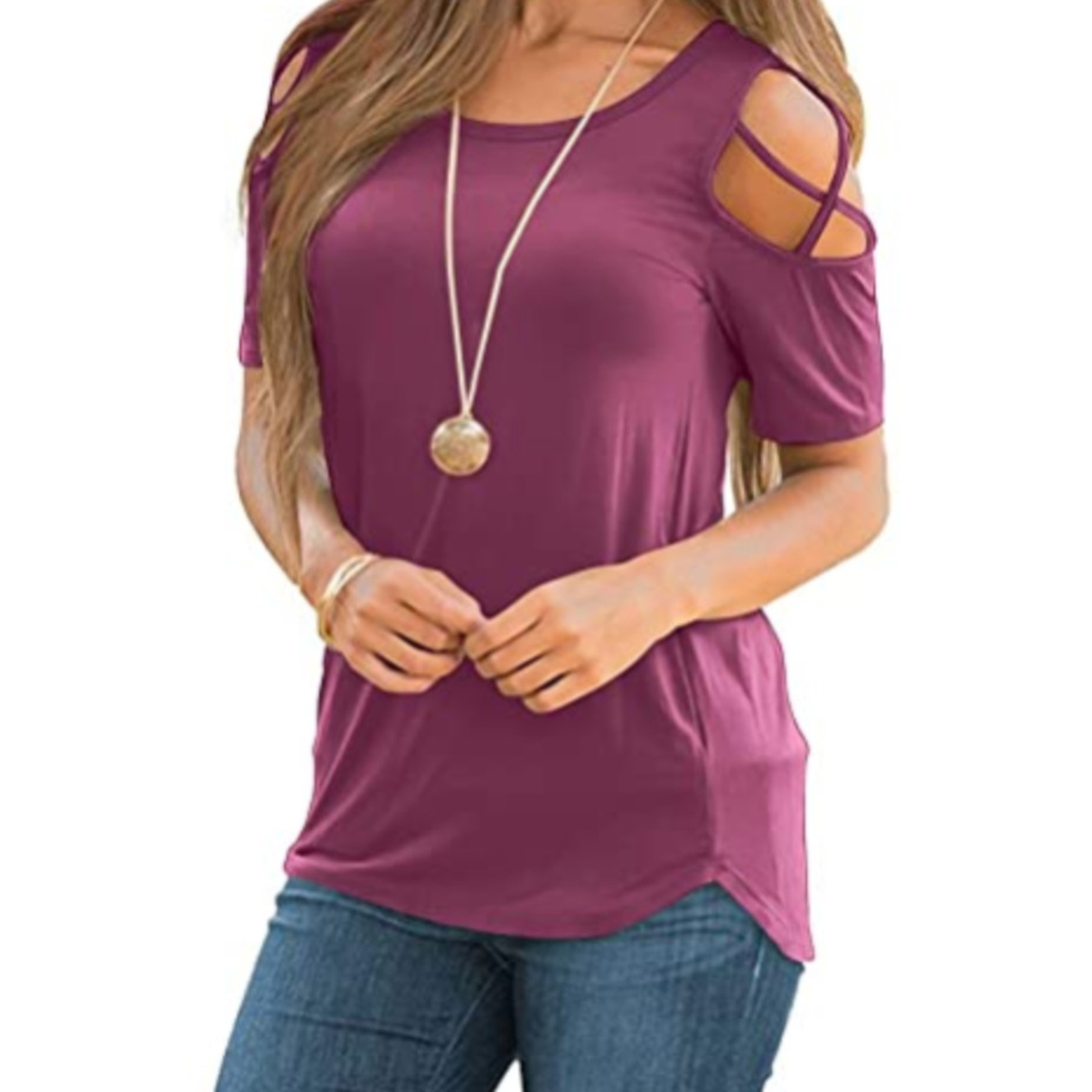 Women'S Off Shoulder Round Neck T Shirt 3