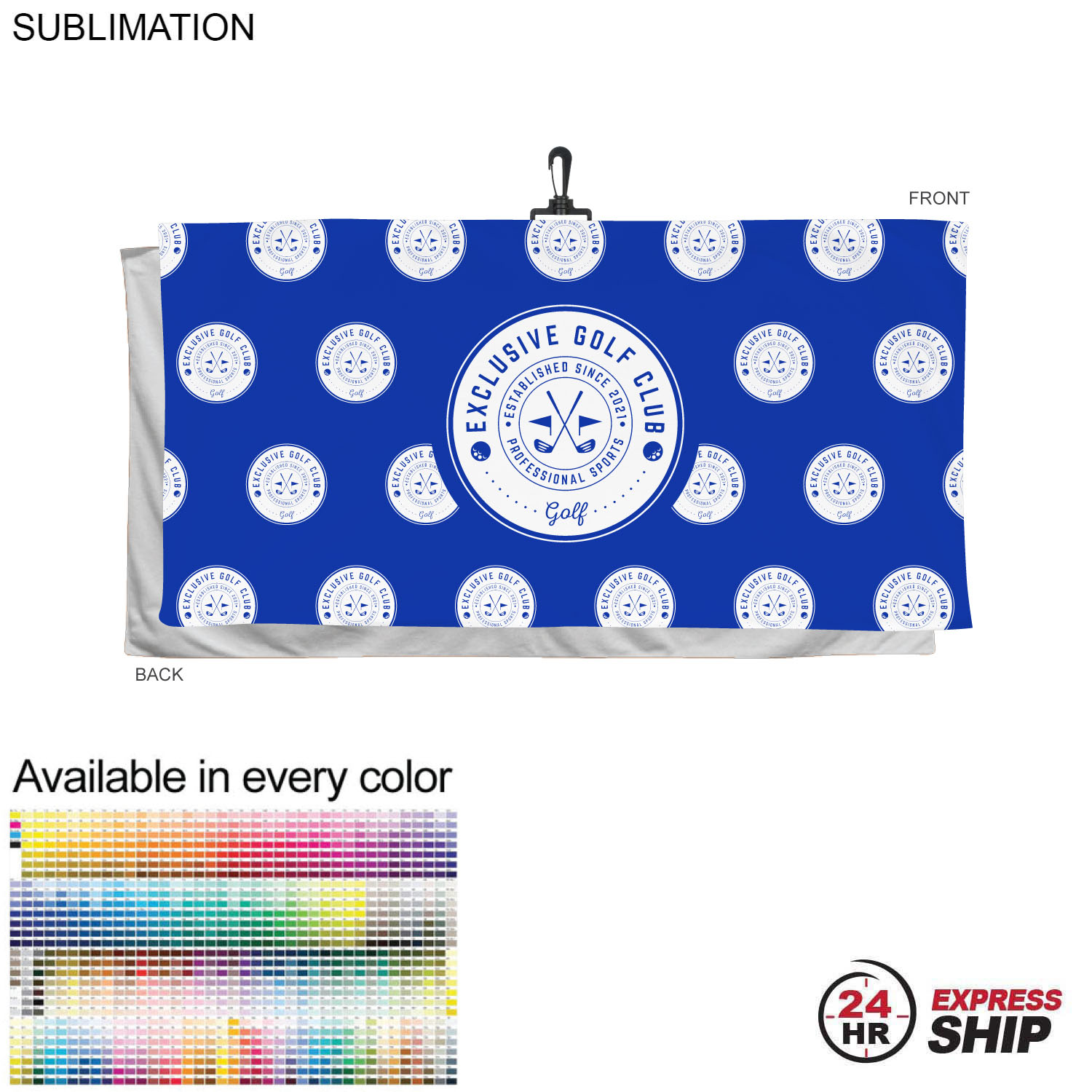 24 Hr Express Ship - Oversized Golf Towel in Soft Velour Terry, 30x60, with Black Hook, Sublimated 5
