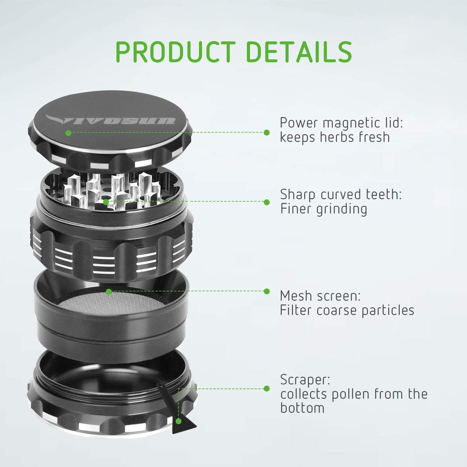 Premium Aluminum Alloy Herb Grinder – 2.45" 4-Piece Metal Design with Pollen Catcher 9